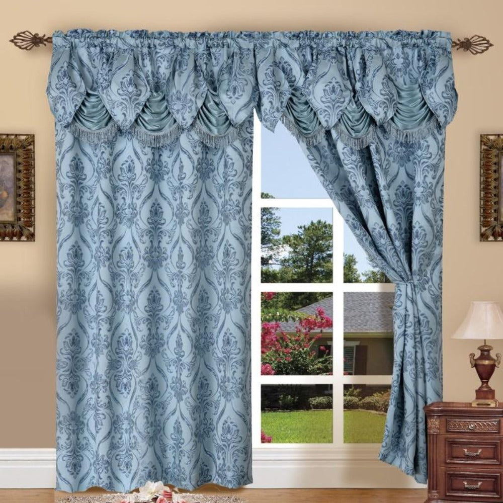 Jacquard Curtain Panels 2-Piece Set 54x84 Inch with Attached Waterfall Valance - Rod Pocket Room Darkening Luxury Window Curtains, Machine Washable, 9 Colors for Living Room Bedroom & Home Office