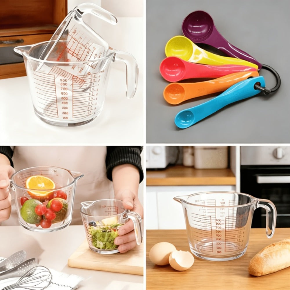 Glass Measuring Cup Heat Resistant Large Capacity with Handle 16.9 oz 33.8 oz Reusable Kitchen Baking Liquid Measuring Cup Set with Measuring Spoons