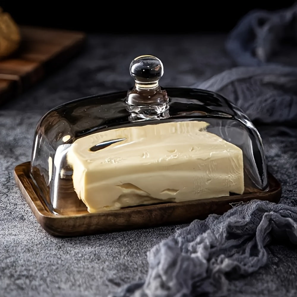 Wooden Butter Dish with Glass Lid | Retro Multifunctional Serving Tray for Cakes Fruits Snacks Desserts Weddings Parties Kitchen Countertop Display
