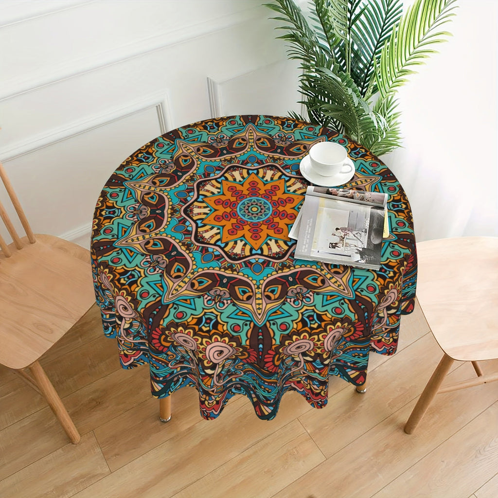 Mandala Round Table Cover 60 Inch - Colorful Boho Tablecloth for Patio, Backyard BBQ, Picnic & Kitchen Decor