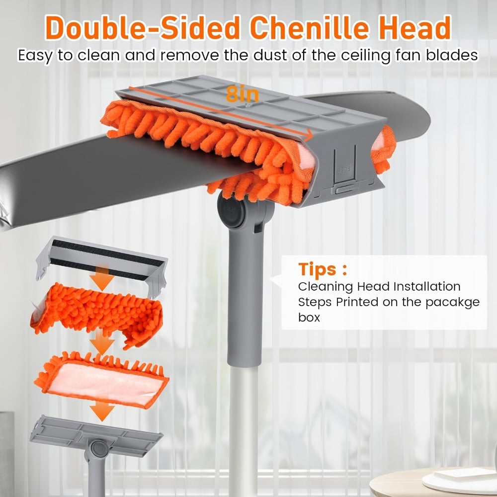 Ceiling Fan Duster 63 Inch Extendable Long Handle Reusable Chenille Microfiber Mop Head Ceiling Fan Blade Cleaner for Dusting Fan Blades Baseboard Wall Floor High Reach Cleaning Tool 6 Feet