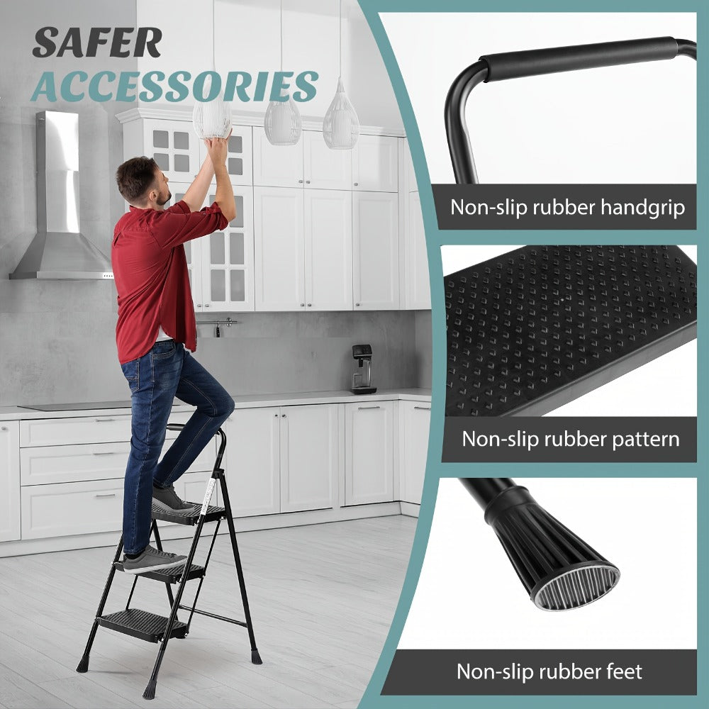 Heavy Duty Folding Steel Step Stool with Storage Shelf & Wide Anti-Slip Pedal, 800 lbs Capacity, 2/4-Step Sturdy Portable Step Ladder for Home, Garage & Workshop, Black, Grey & White