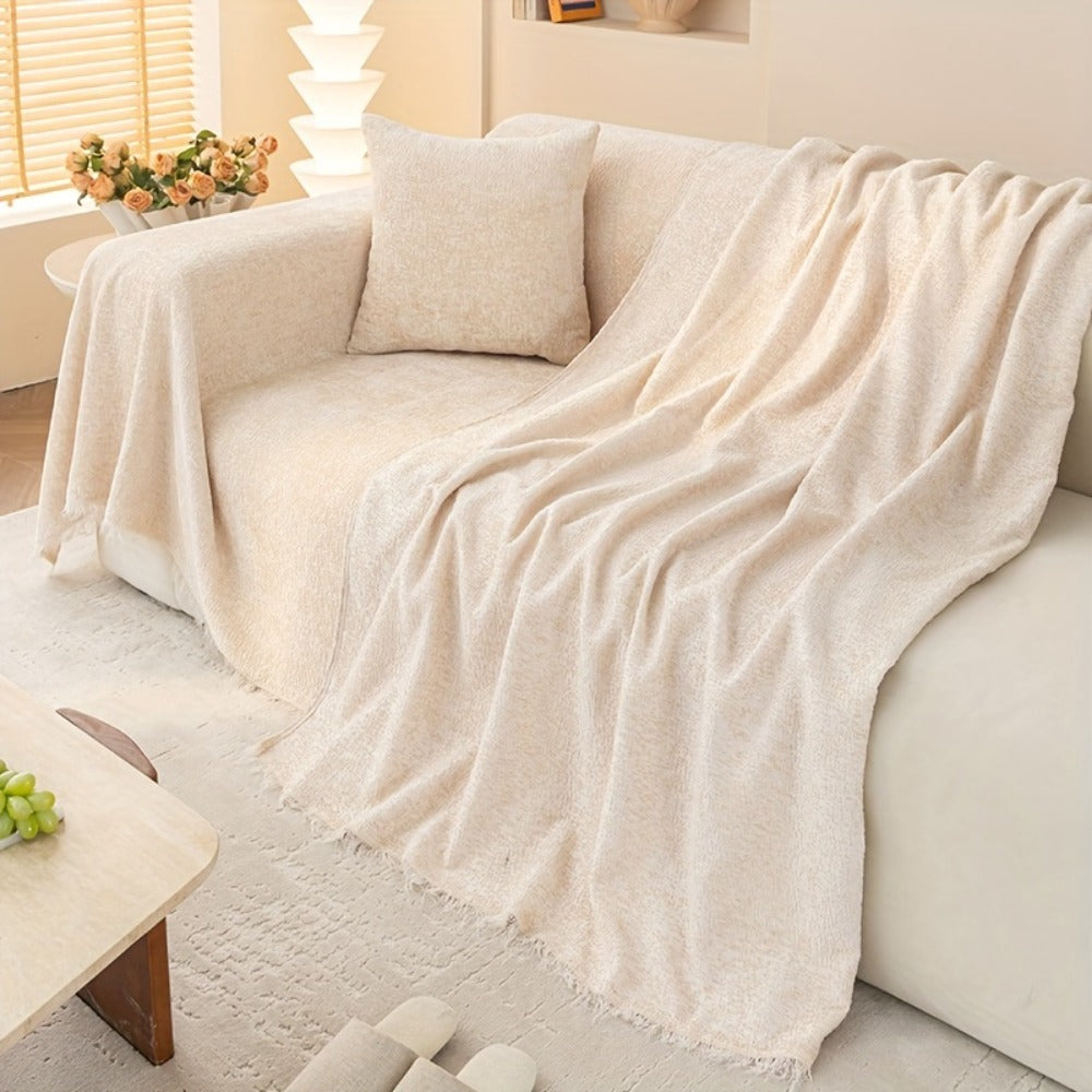 Chenille Sofa Cover with Fringe 300GSM - Super Soft Pet Friendly Solid Couch Slipcover for Single 2 4 Seater Living Room Decoration, 4 Colors
