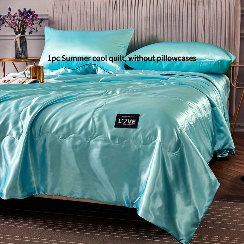 Cooling Satin Quilt Summer Comforter Ultra-Soft Breathable Lightweight Blanket, Machine Washable Satin Weave Bedspread for Home Dorm Hotel, Twin Full Size, White Silvery Grey Pink Lake Blue