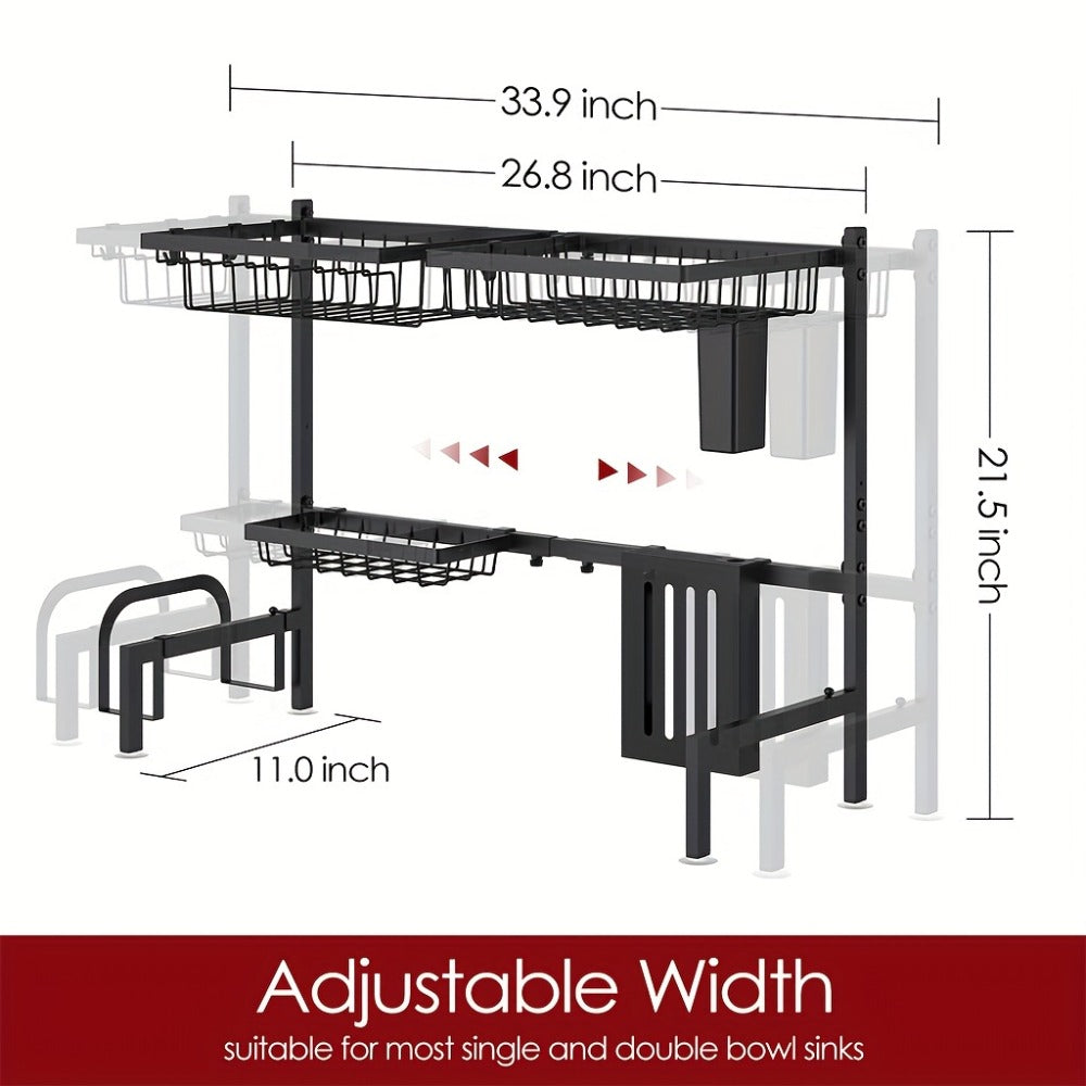 Over-the-Sink Dish Drying Rack Expandable 2-Tier 304 Stainless Steel Adjustable 30-34 Inch with Utensil Holder Knife Holder Cutting Board Holder and 5 Hooks for Kitchen