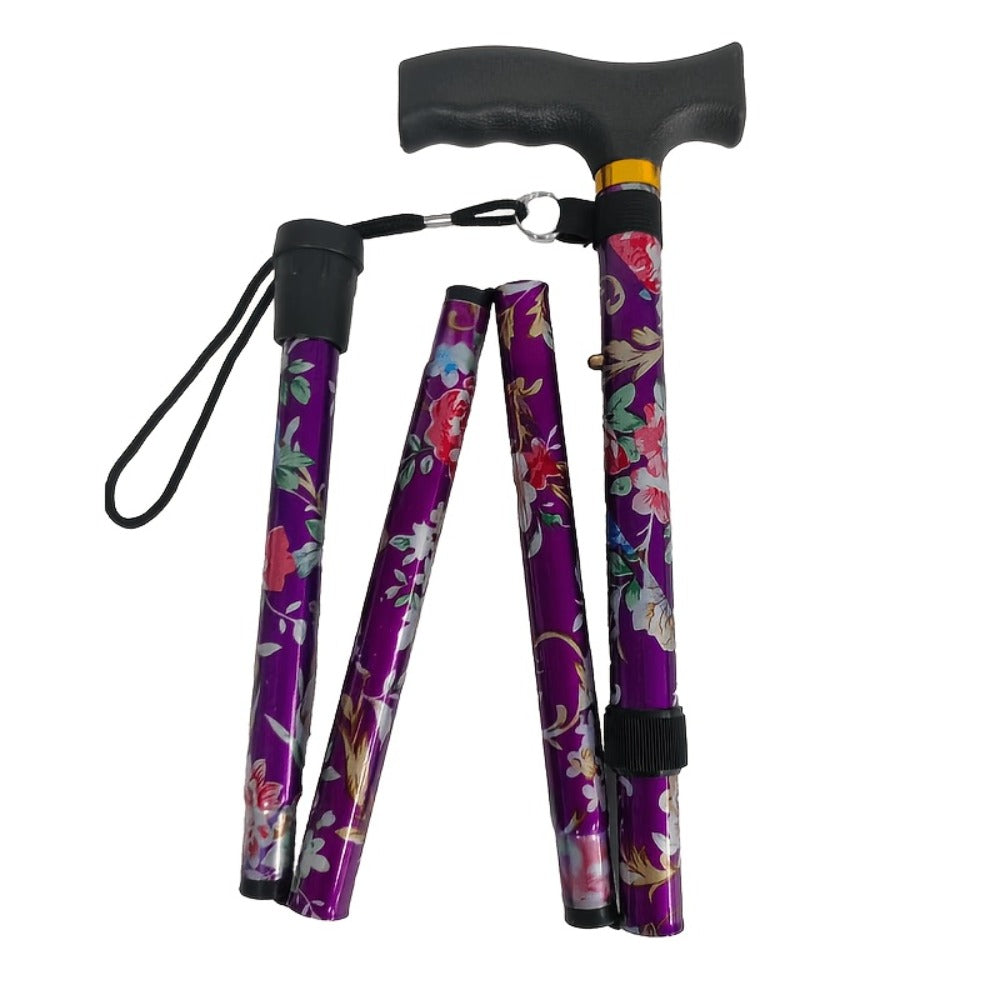 Foldable Walking Cane for Seniors Adjustable Height Folding Stick with Wrist Strap T-Handle Printed Design Portable Lightweight Mobility Aid Gift for Parents