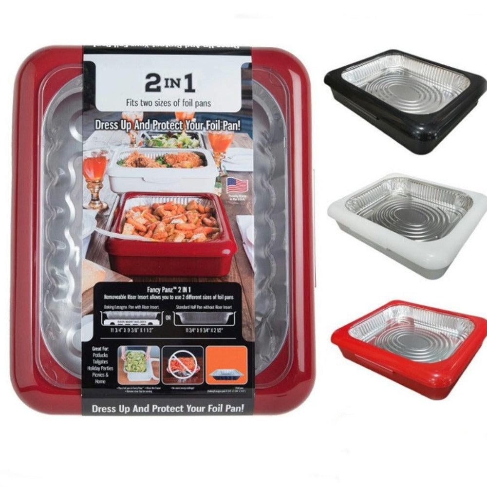 Aluminum Foil Tray with Lid - Insulated Stackable BBQ & Salad Serving Container for Outdoor Picnic, Party, Kitchen Use, Rectangular, Black & Red