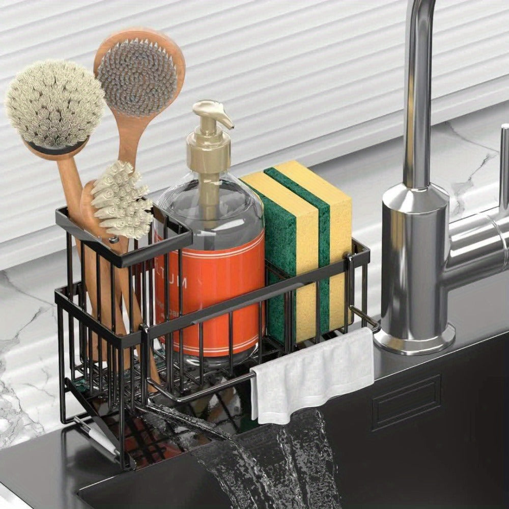 Kitchen Sink Sponge Holder 304 Stainless Steel Drain Design Dishcloth Rack Tall Brush Holder Countertop Soap Dispenser Organizer Storage Accessories Black