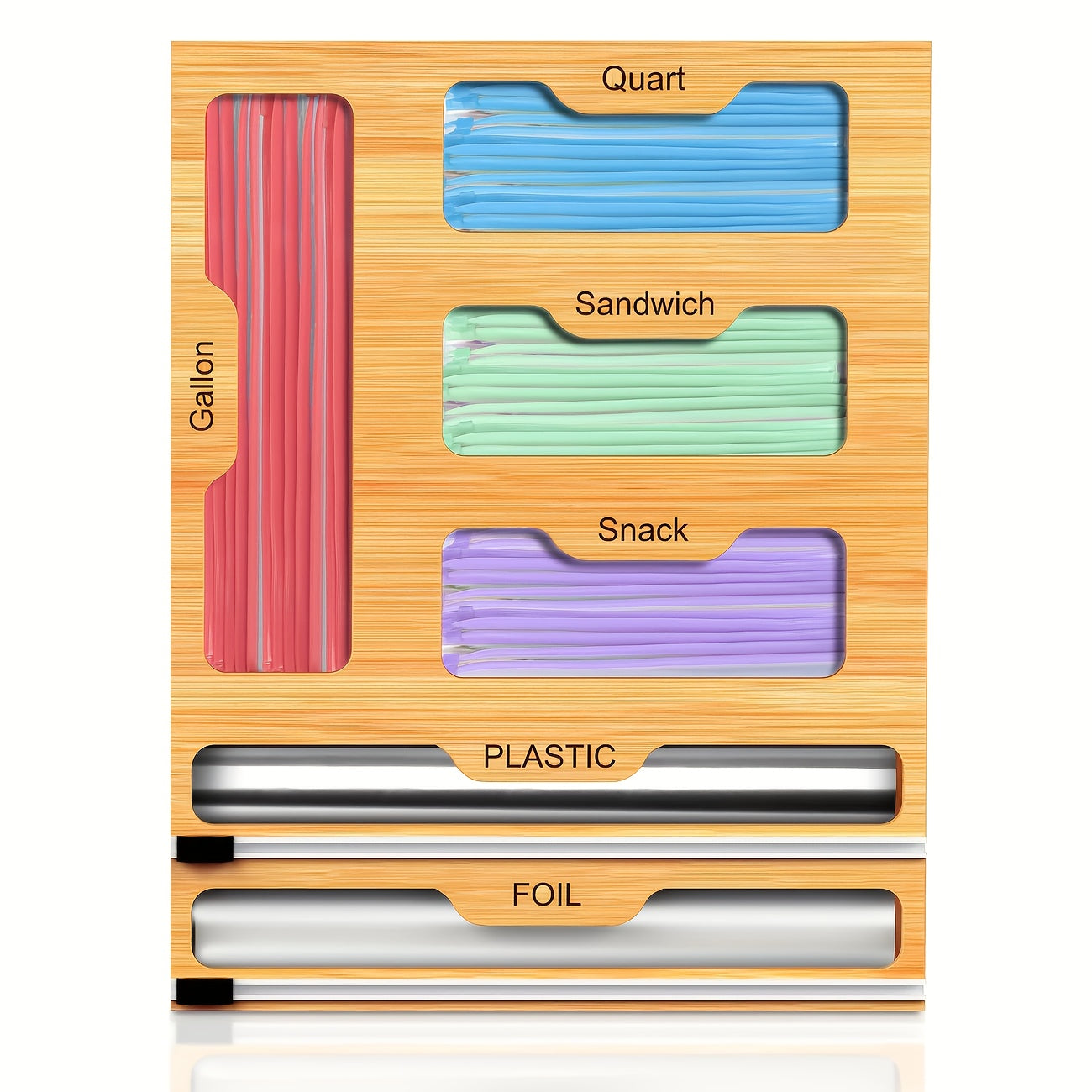 Bamboo Kitchen Organizer 6-in-1 - Aluminum Foil Plastic Wrap Dispenser with Cutter Ziplock Bag Organizer for Kitchen Drawer Gallon Quart Sandwich Snack Bags Storage