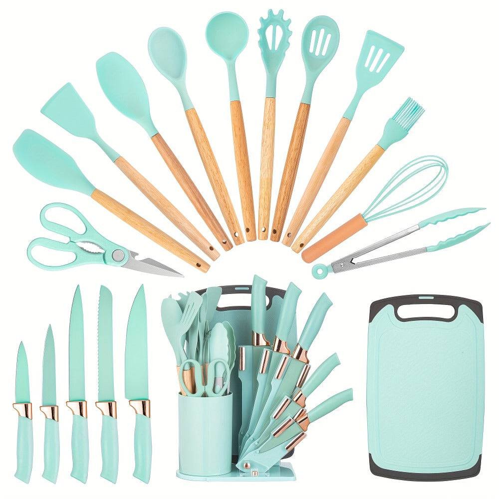 19-Piece Kitchen Knife & Utensil Set with Wooden Handles, Non-Stick Blades, Silicone Cooking Tools, Cutting Board, Scissors & Holder