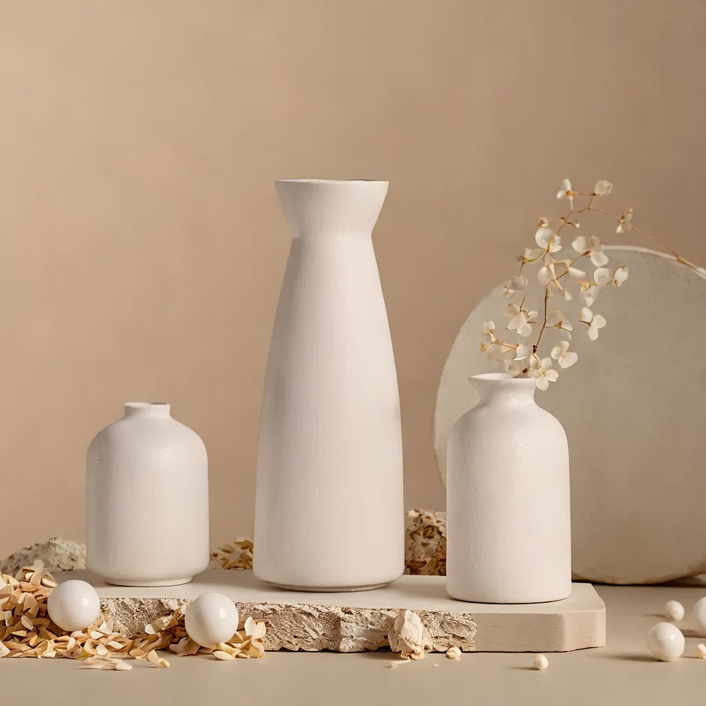 Boho Ceramic Vase Set 3pcs - Matte Nordic Minimalist Geometric Floral Design for Home Decor, Living Room, Entryway, Bookshelf & Bathroom Vanity, Modern Bohemian Decorative Vases, Holiday Gift
