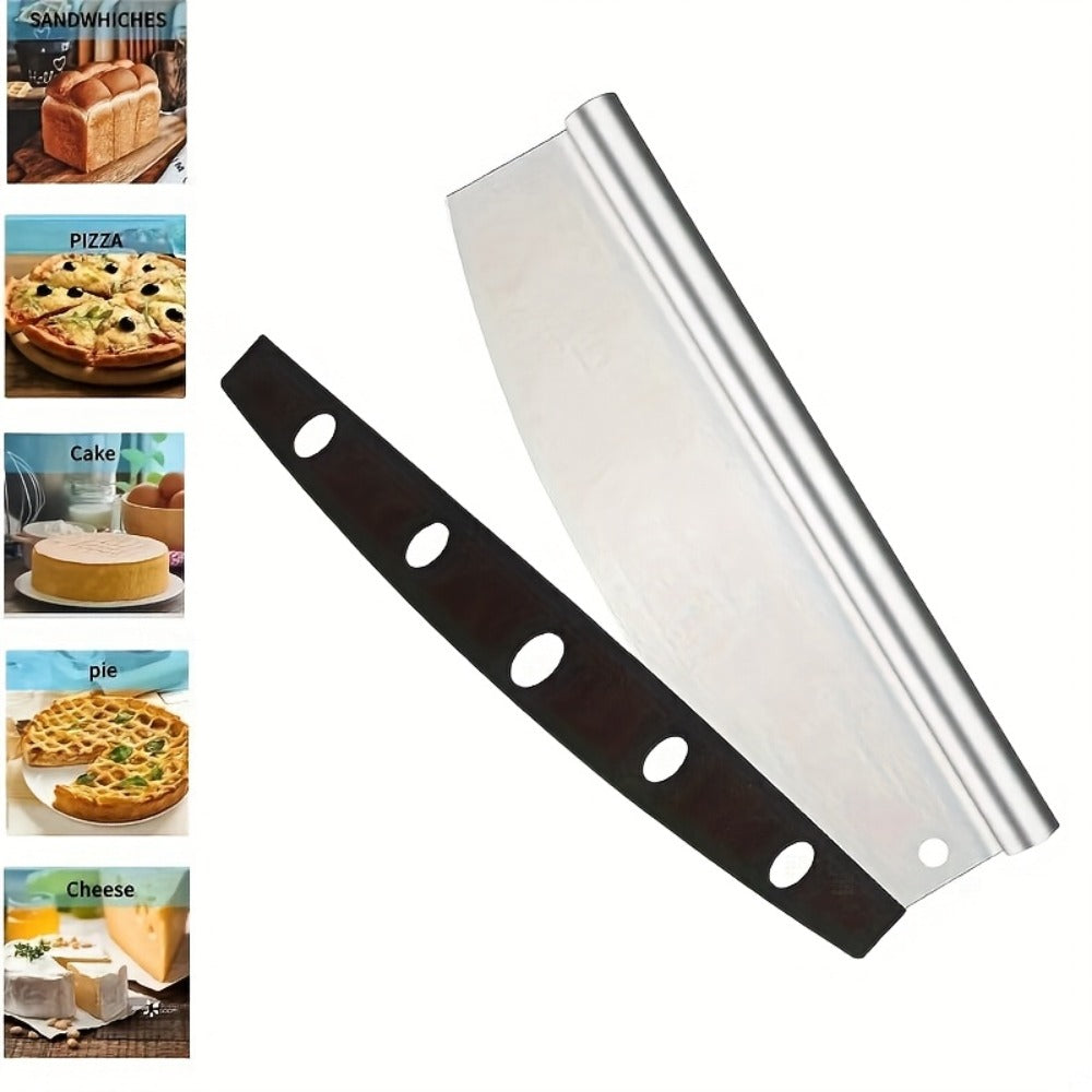 Mezzaluna Rocker Knife Stainless Steel Half Moon Blade with Knife Cover, Rocking Pizza Cutter, Herb Mincer, Cheese Slicer, Cake & Dough Cutter, Versatile Baking & Kitchen Chopper Tool
