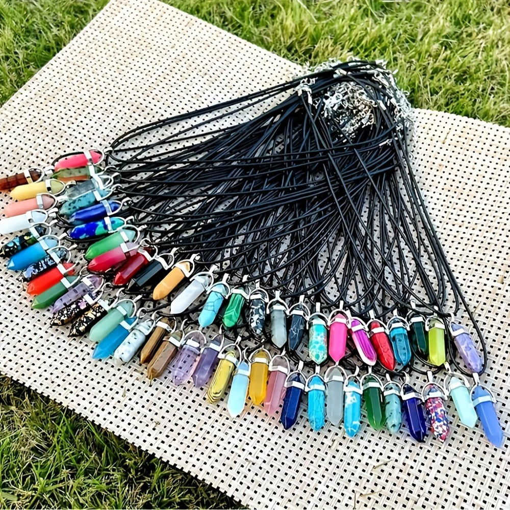 Crystal Natural Stone Pendant Necklace Set Bulk 60Pcs 30Sets Hexagonal Shaped Assorted Color for Jewelry Making Craft DIY Daily Wear Gift