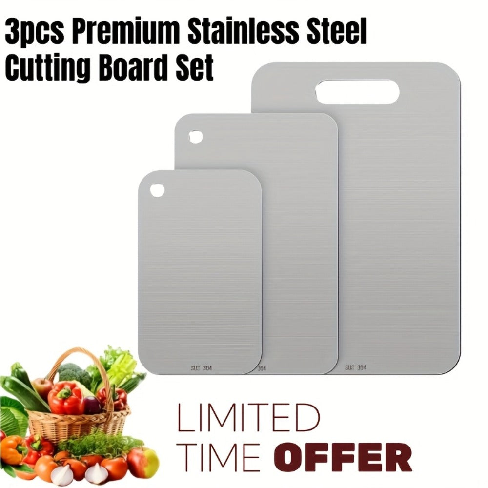 Stainless Steel Cutting Board Set 3 Pack - Non-Stick Dual-Sided Metal Chopping Boards for Kitchen, BPA-Free, Rust-Resistant, Easy Clean, Portable for Meat Vegetables Fruit