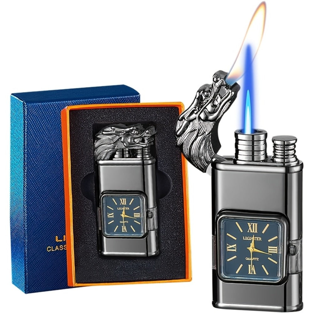 Double Flame Windproof Lighter Creative Retro Metal Lighter Dragon Eagle Gun Shape Quartz Dial Portable Outdoor Lighter Men Gift Box Butane Gas Not Included