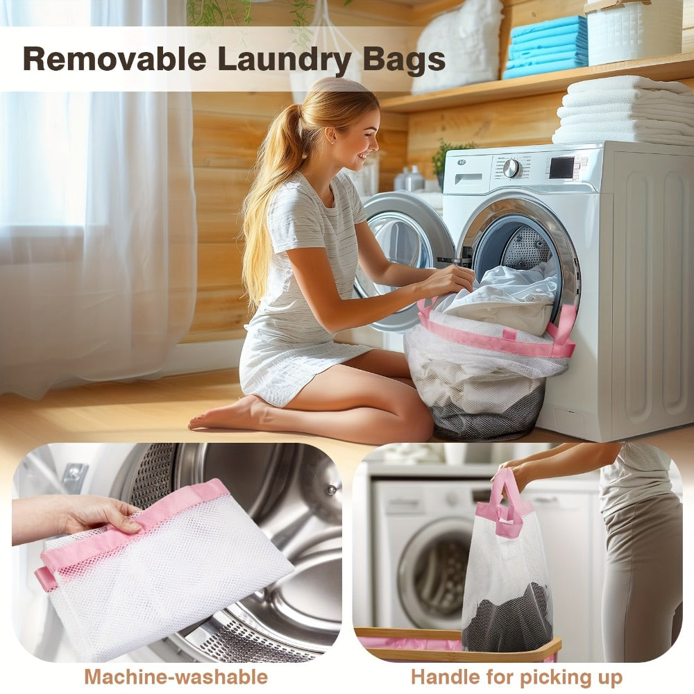 Laundry Hamper with Lid - 145L Extra Large 3-Section Fabric Sorter with Removable Washable Bags & Bamboo Handles, Pre-Sorting Labels, Pink Laundry Basket for Bedroom, Bathroom, Dorm & Home Organization