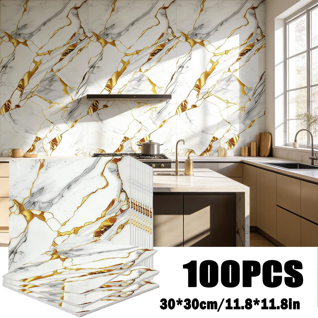 Self-Adhesive Marble Tile Stickers 11.8x11.8in Peel and Stick Wall Tiles for Bathroom Kitchen Backsplash ¨C Waterproof 3D Glossy Imitation Marble Wall Panel, Easy to Install, 50 or 100 Pack