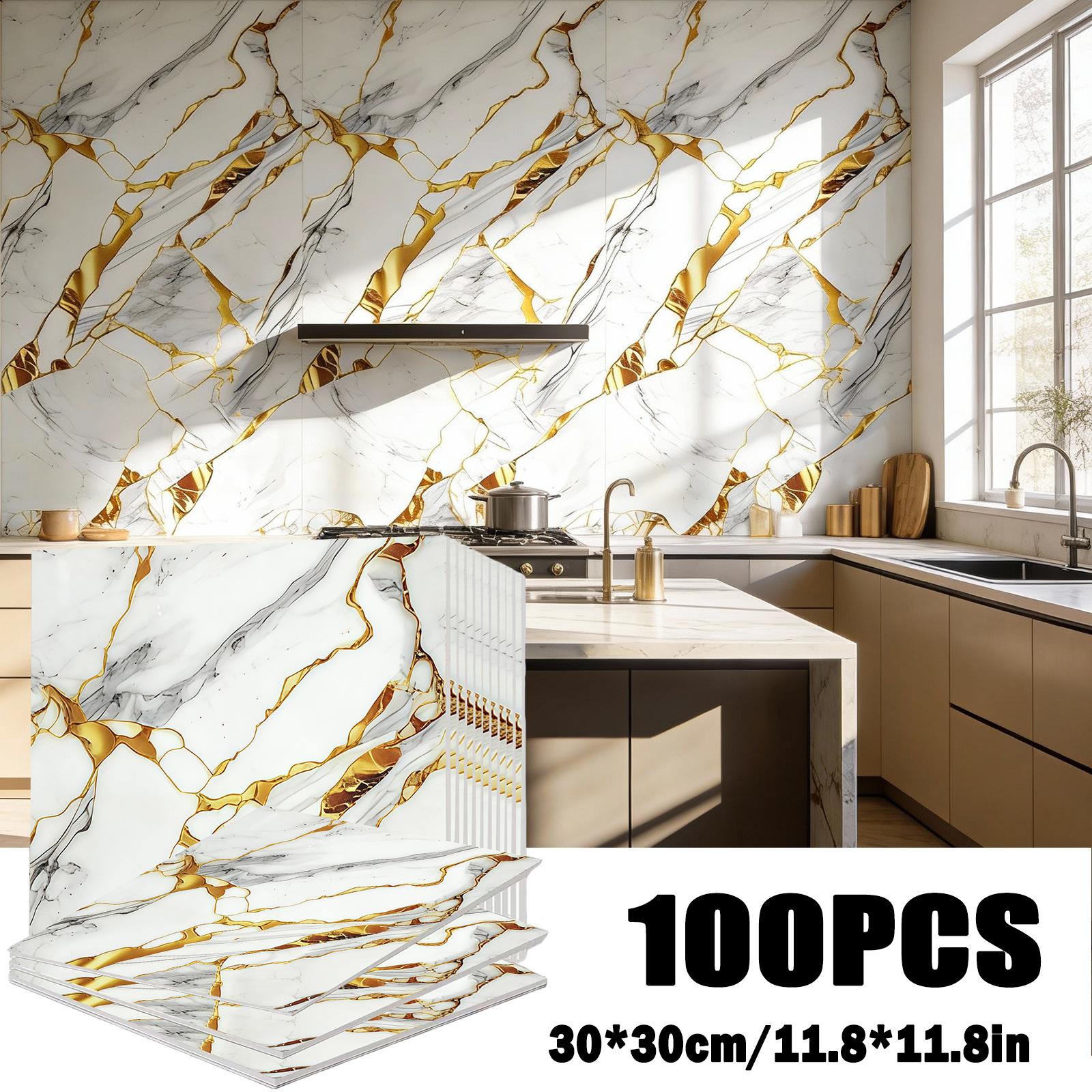 Self-Adhesive Marble Tile Stickers 11.8x11.8in Peel and Stick Wall Tiles for Bathroom Kitchen Backsplash ¨C Waterproof 3D Glossy Imitation Marble Wall Panel, Easy to Install, 50 or 100 Pack