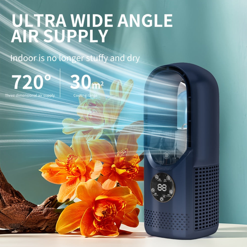 Portable Bladeless Fan USB Tower Fan, Desktop Air Conditioner Fan with Water Mist Cooling, Remote Control, Touch Screen, 7-Color LED Ambient Light and Timer, Personal Cooling Fan for Office, Travel, Camping, Home