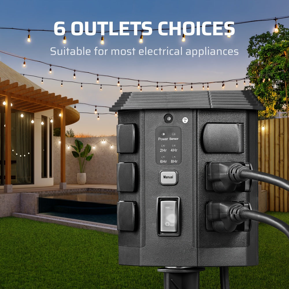 Outdoor Power Stake Timer 6 Outlet Weatherproof ¨C 100FT Wireless Remote Control, Dusk to Dawn Photocell Sensor, 7 Timer Modes, 6FT Cord, Overload Protection for Garden Yard Christmas Holiday Lights