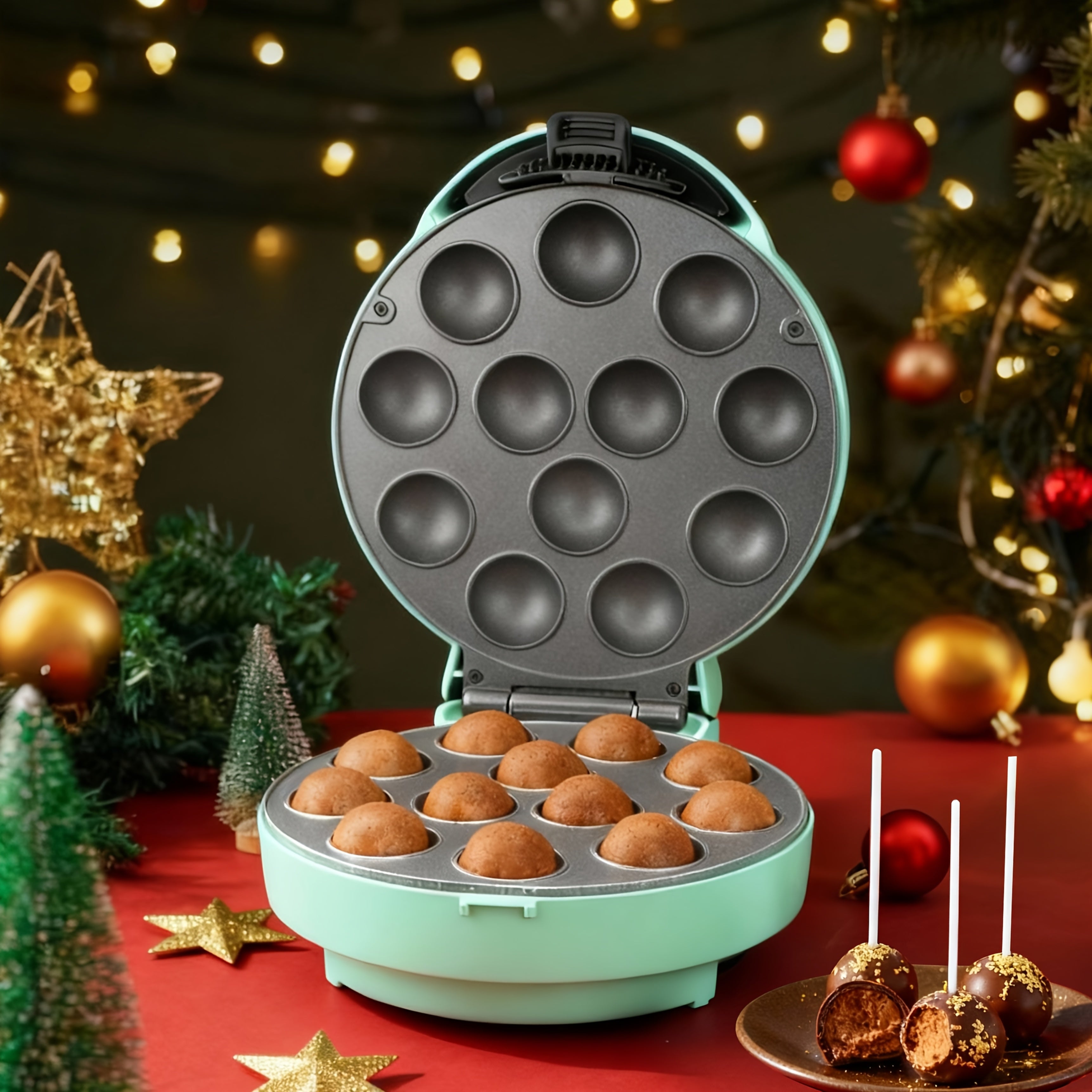 Cake Pop Maker Machine 12-Cavity 1.6 Inch ¨C Electric Cake Pop Set with Flip-Over Even Heating Design, Cake Pop Stand, Sticks & Fork Tool Included, Red & Aqua