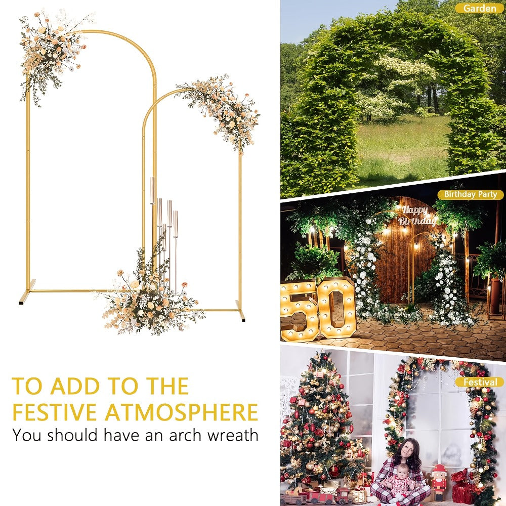 2-Piece Wedding Arch Backdrop Frame Set 7.2FT+6FT Metal Balloon Arch Stand for Wedding Birthday Party Garden Outdoor Indoor Event Decor Gold White