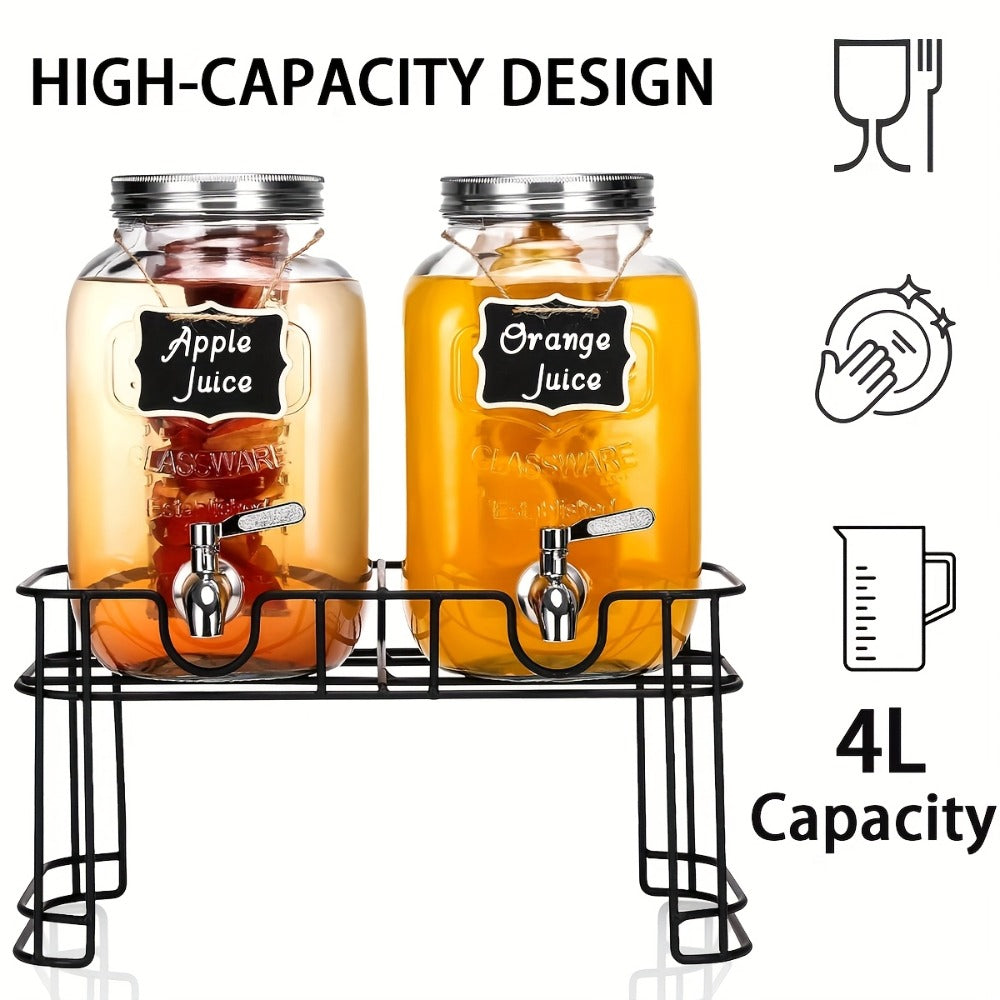 Glass Drink Dispenser with Fruit Infuser, Ice Cylinder & Stainless Steel Spigot ¨C 1 Gallon Beverage Dispenser with Stand for Parties, Weddings, BBQ & Lemonade
