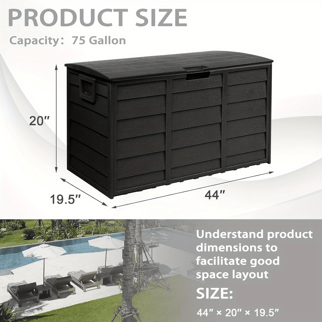 75 Gallon Outdoor Storage Box Deck Box with Handles | Large Waterproof Lockable Cabinet for Pool Accessories, Garden Tools & Camping Gear ¨C Easy Assembly Yard Storage Bin, Pure Black