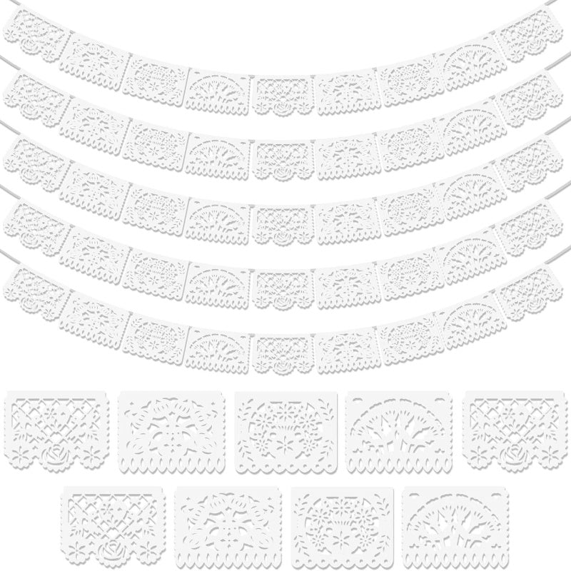 Papel Picado Banners 5 Pack White ¨C Mexican Fiesta Party Decorations, Day of the Dead Decor, Cinco de Mayo Banner, Wedding Fiesta Supplies, 4 Designs 90 Feet Plastic Flags