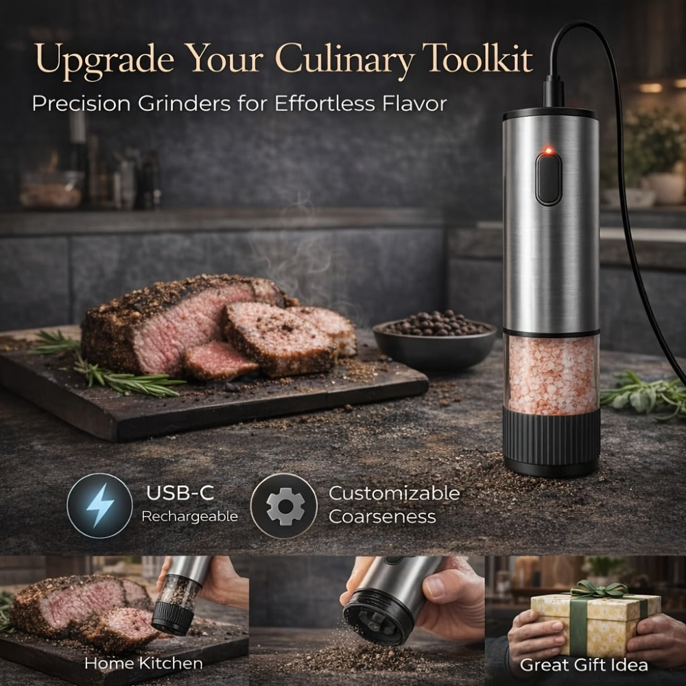 Electric Pepper Grinder USB-C Rechargeable ¨C 5-Level Adjustable Coarseness, One-Hand Operation, Stainless Steel Pepper Mill with Ceramic Core for Kitchen Cooking, Outdoor BBQ & Grilling