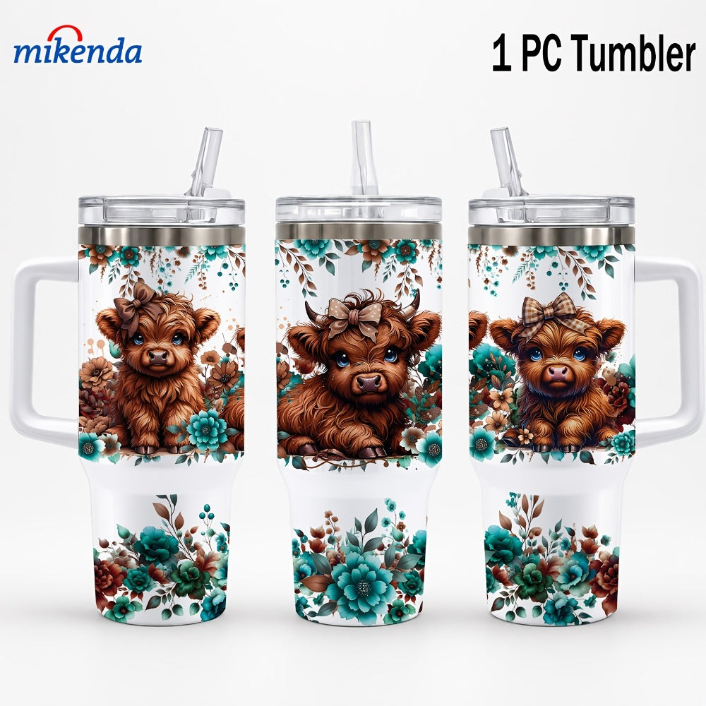 Highland Cow Insulated Tumbler Mug 40oz 16oz | Stainless Steel Vacuum Insulated | 24H Cold 12H Hot | Floral Teal Design | Gift