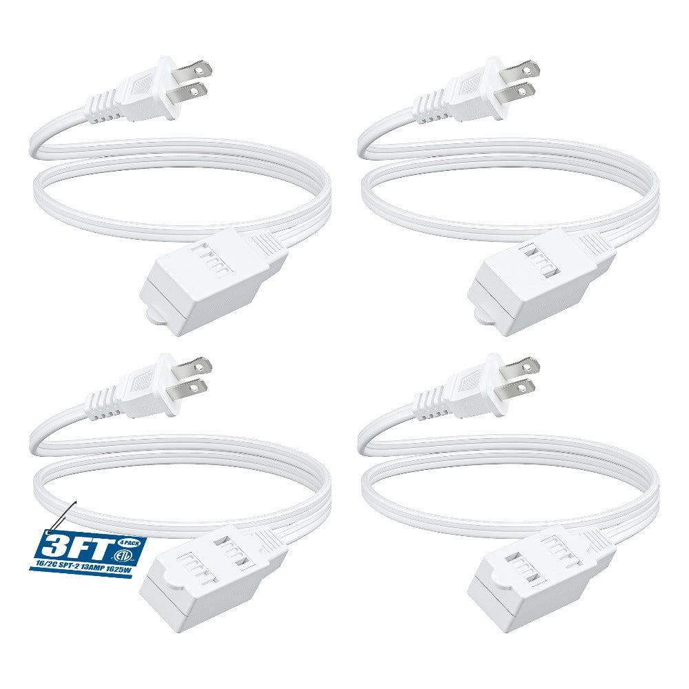 Extension Cord 4 Pack 3FT 3-in-1 Outlet 2 Prong Plugs 16AWG SPT-2 Cable Twist-Lock Safety Cover 13A 125V for Home Office Workshop Indoor Use White