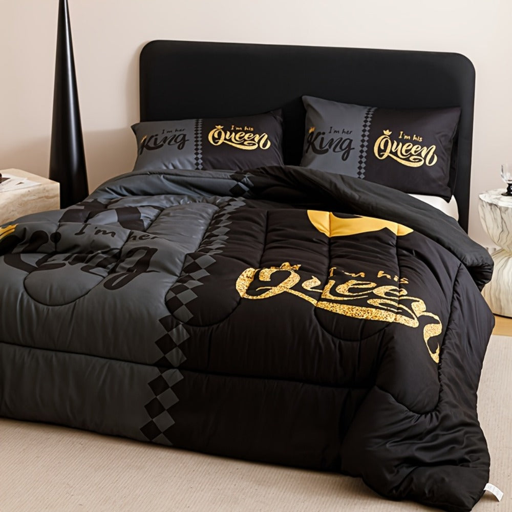 Comforter Set 3-Piece ¨C Soft Breathable Quilt with 2 Pillowcases, Black Grey Color Block Crown Letter Print, Twin Full Queen King, 180GSM Bedroom Bedding Set