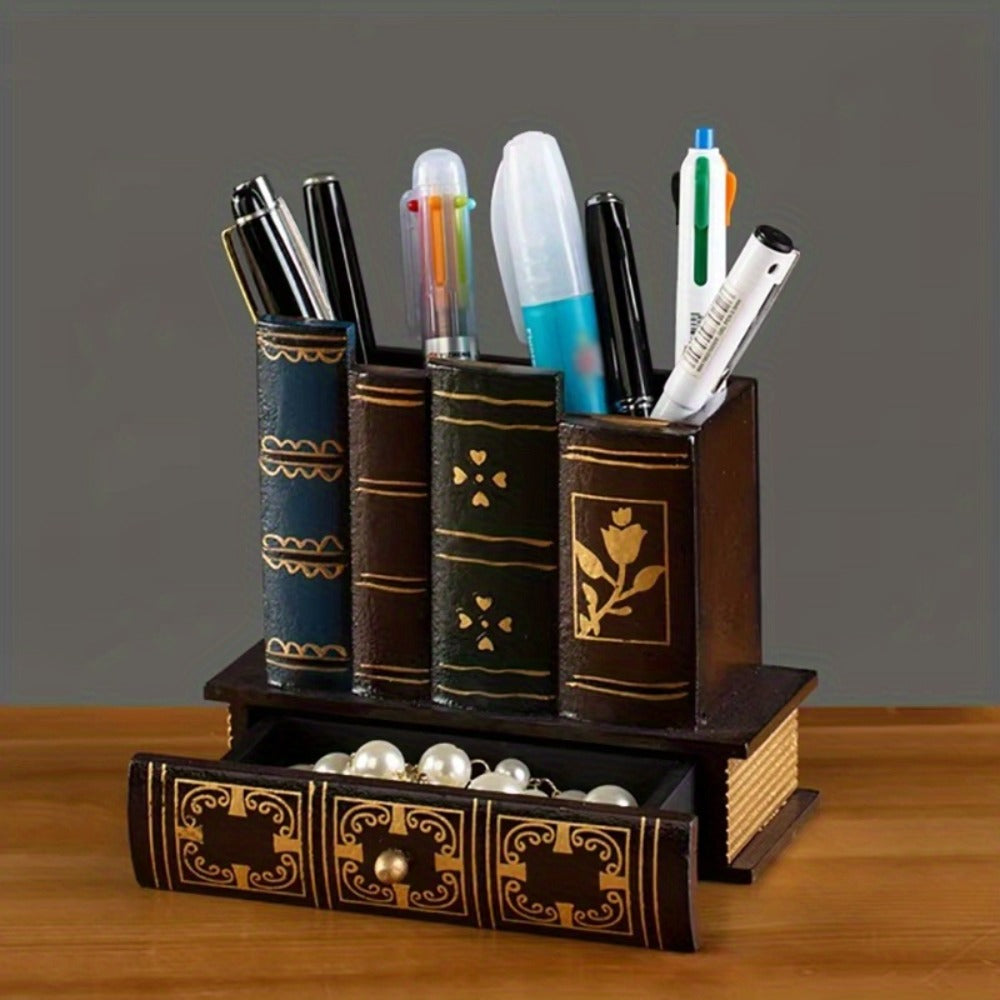 Wooden Pen Holder with Drawer Book-Shaped Desk Organizer, Vintage Retro Wood Desktop Storage Box with Hidden Drawer for Pens Pencils Remote Control, Decorative Office Home Study Room Gift