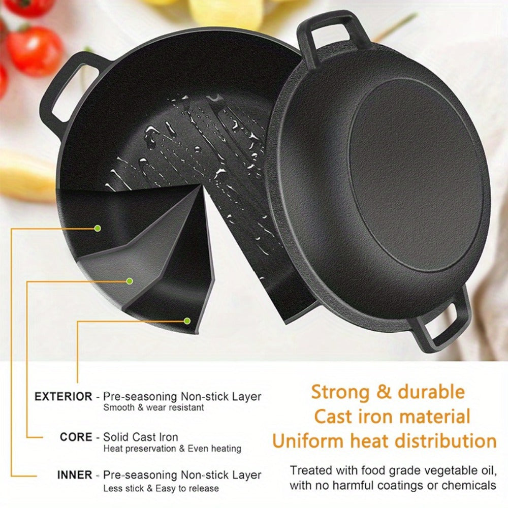 Cast Iron Dutch Oven Set ¨C 6.1QT Deep Pot + 1.9QT Frying Pot, 2-in-1 Cookware with Silicone Handles, Iron Frame & Scraper, Oven, Stovetop, Induction & BBQ Compatible, 6-Pack Bundle