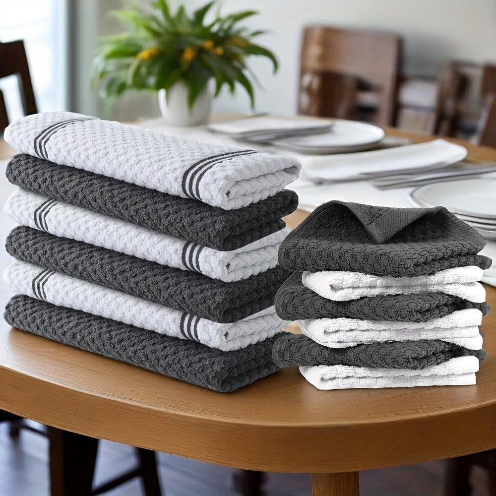 Cotton Kitchen Dish Towel Set 12pcs | 6 Hand Towels 15¡±x25¡± & 6 Wash Towels 12¡±x12¡± | Striped Weave Absorbent Durable Towels for Cooking Cleaning Drying