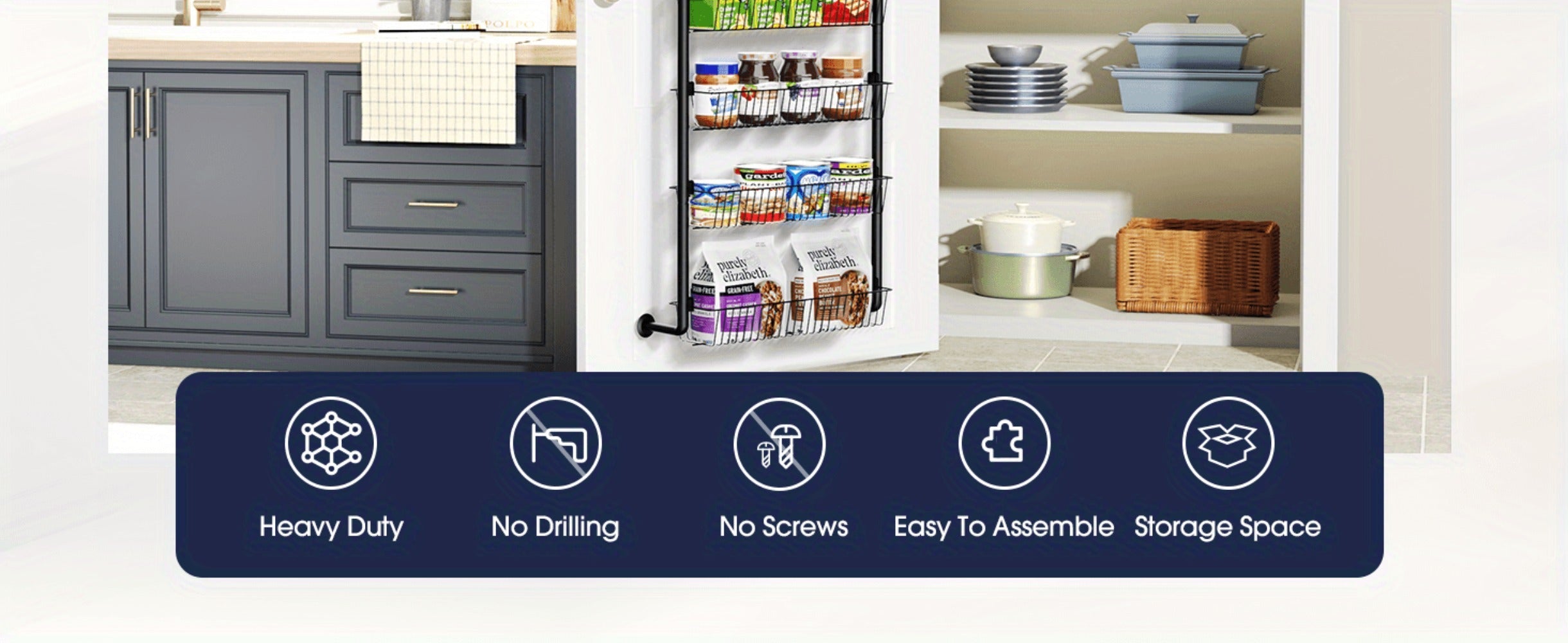 Over the Door Pantry Organizer 6-Tier & 8-Tier Metal Hanging Spice Rack | Back of Door Storage for Kitchen Pantry Laundry Bathroom | Versatile Door Mounted Seasoning Rack in Black & White