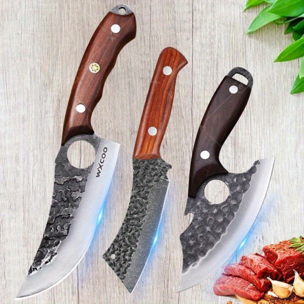 Kitchen Chef Knife Set 3 Piece Stainless Steel - Sharp Boning Knife, Utility Knife & BBQ Knife with Hammered Blade, Wood Handle, Full Tang, Multipurpose Cooking Knives for Meat Vegetables