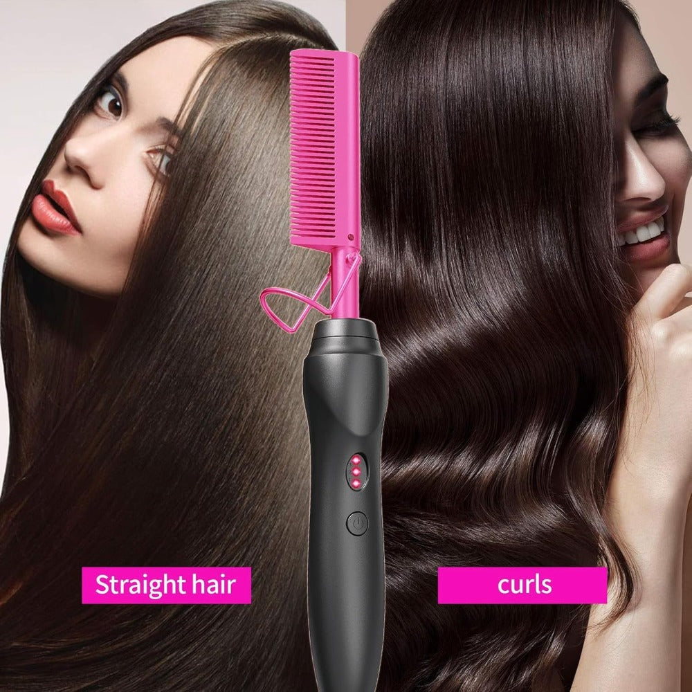 Electric Hot Comb Hair Straightener Ceramic Copper Heating Plate Portable Heat Press Comb for Curl Straight Style Beard Wig Wet Dry Hair Styling Tool for Women Men