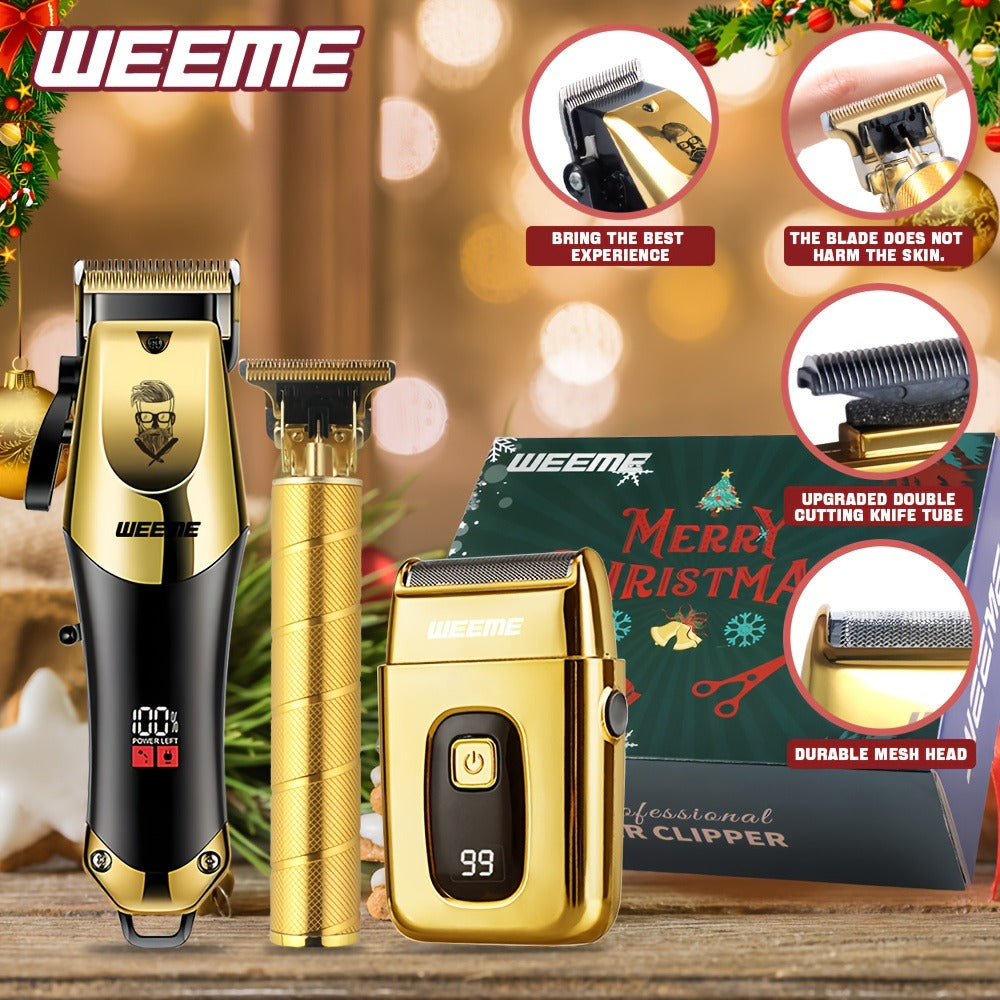Professional Hair Clipper Set for Men ¨C 3pcs Golden Cordless Kit with Beard Trimmer & T-Blade Trimmer, Hair Cutting & Styling Tools, Ideal Birthday & Father¡¯s Day Gift for Men