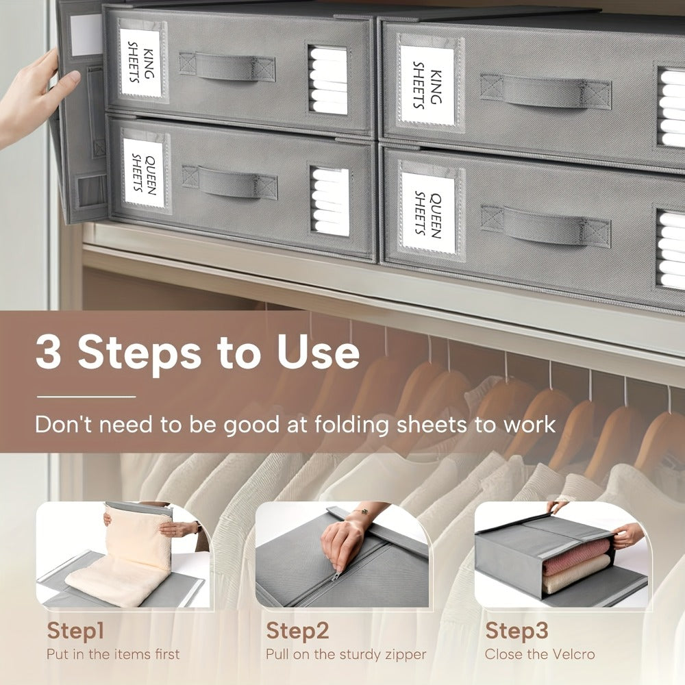 Bed Sheet Storage Organizer Boxes 4-Pack Foldable Fabric Bins with Clear Window & Label, Closet Bedding Storage Box for Sheets Duvet Covers Blankets Pillowcases, Oxford or Non-Woven, Grey Beige