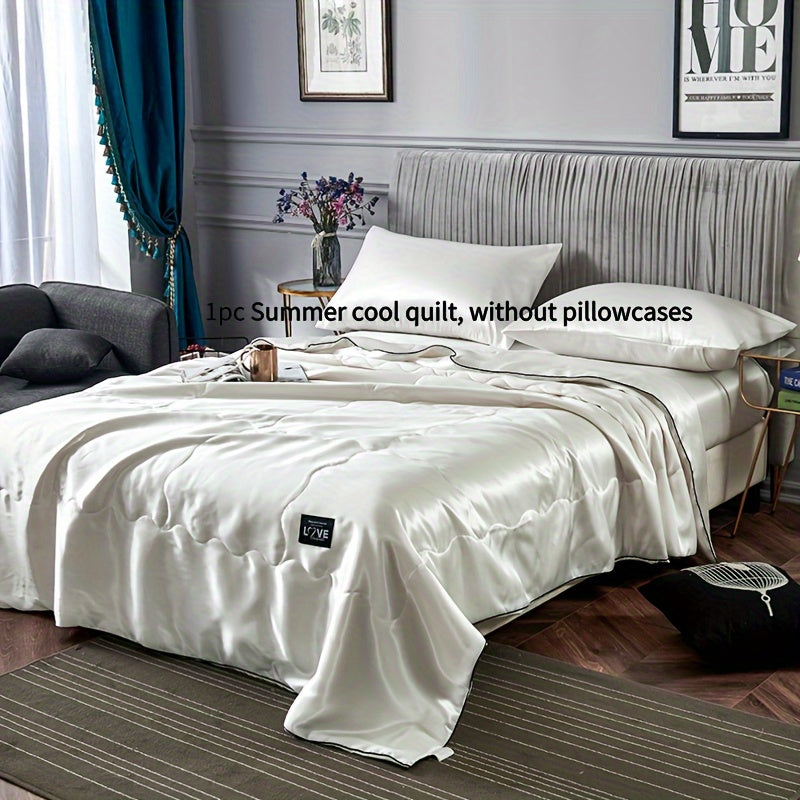Cooling Satin Quilt Summer Comforter Ultra-Soft Breathable Lightweight Blanket, Machine Washable Satin Weave Bedspread for Home Dorm Hotel, Twin Full Size, White Silvery Grey Pink Lake Blue
