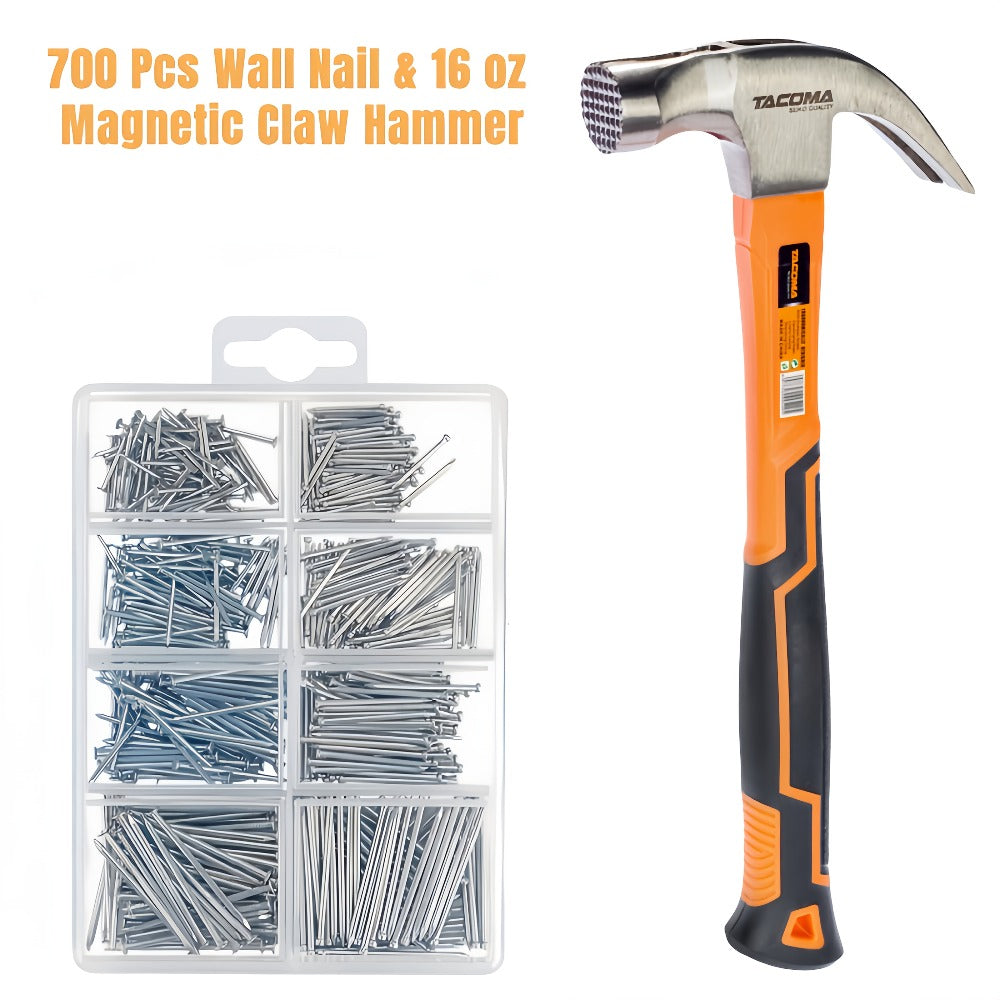 Claw Hammer & 700-Piece Nail Kit ¨C 8oz or 16oz Forged Steel Magnetic Hammer with Galvanized Picture Hanging & Finishing Nails, Home Repair & DIY Wall Hanging Tool Set