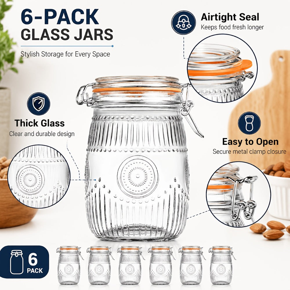 Mason Jars 6 Pack 32oz Wide Mouth Airtight Glass Canister Set with Hinged Lids Vintage Sunflower Pattern Kitchen Storage Jars for Coffee Sugar Beans Spices Dry Goods Pantry Organization