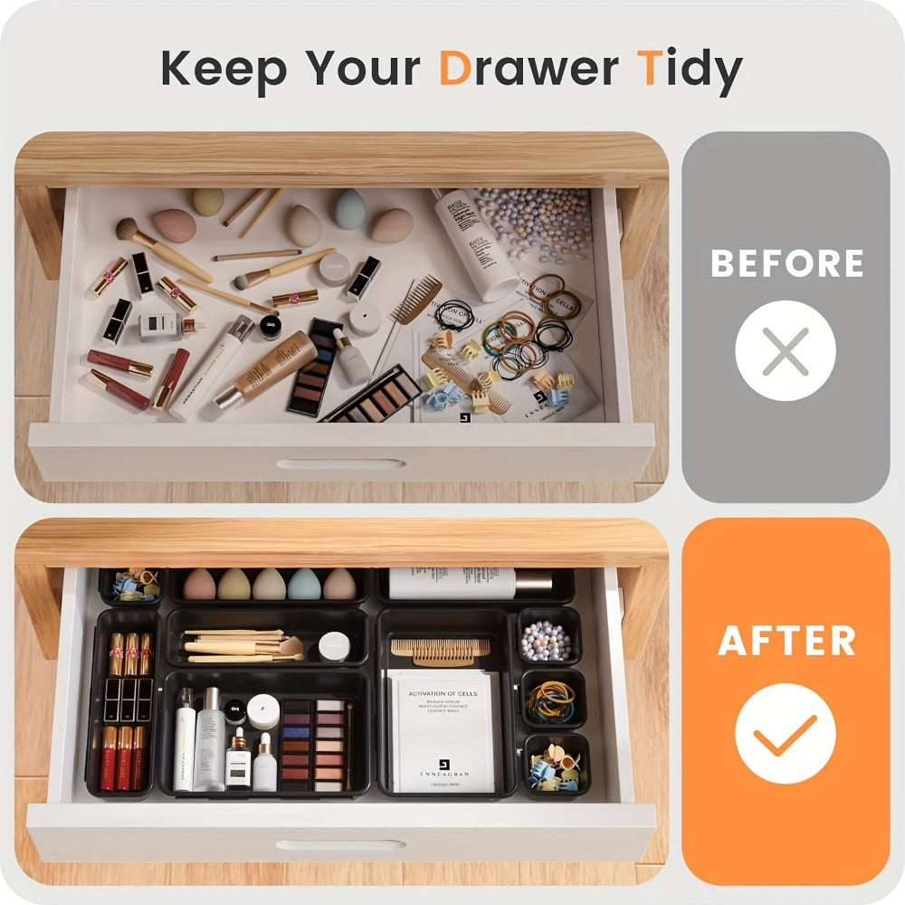 Drawer Organizer Set 24 Pieces Plastic Drawer Dividers Storage Bins for Makeup Bathroom Desk Dresser Kitchen Junk Drawer, Customizable Compartment Organizer Trays for Home Office, Black Pink