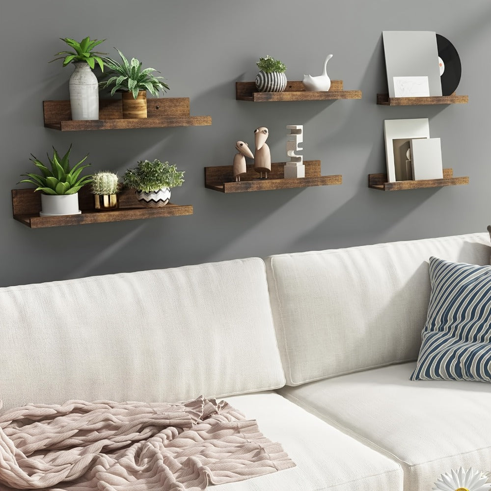 Floating Shelves 6pcs Set Wall Mounted Shelves 6 Different Sizes | Heavy Duty Shelf for Home Decor Bathroom Bedroom Living Room Space Saving Storage White Brown Black