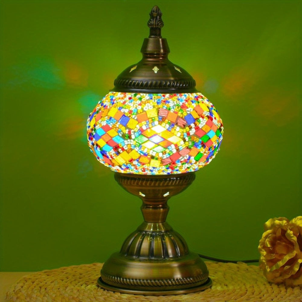 Mosaic Table Lamp Handcrafted Turkish Glass Bedside Lamp 3-Color Dimmable with Metal Base Bulb Included