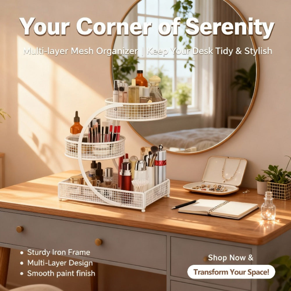 3-Tier Metal Makeup Organizer with Round Baskets Anti-Rust Vanity Storage Rack with Tissue Holder Space Saving Cosmetic Organizer Gift for Women