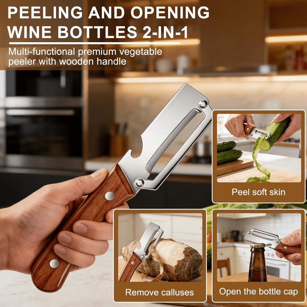 Stainless Steel Vegetable Peeler Set 2pcs ¨C Multi-functional Kitchen Peeler with Scallion Cutter, Straight Blade, Wooden Handle & Bottle Opener