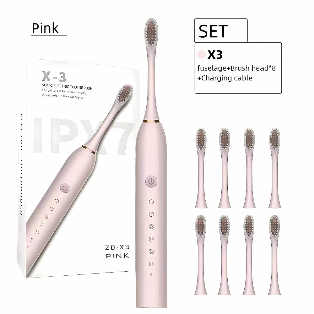 Rechargeable Electric Toothbrush 6 Cleaning Modes with 8 Brush Heads - USB Charge, Soft Bristles, Portable for Travel & Home Use, Oral Care Toothbrush for Men & Women - Black / White / Pink